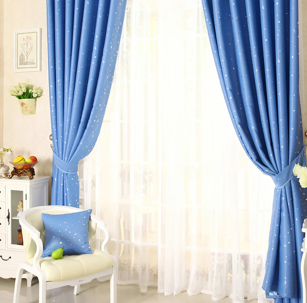 Star print perforated curtain in blue, cream, green, navy blue, or pink with 100% acrylic fibre construction