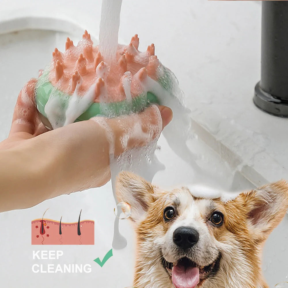 2-in-1 pet cleaning and massage brush with shampoo dispenser in green and blue