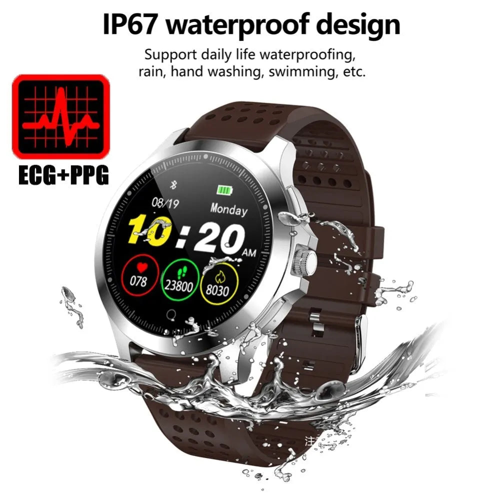 W8 ECG smart bracelet with metal stainless steel body, round colour screen, and TPU strap in black, brown, or coffee.