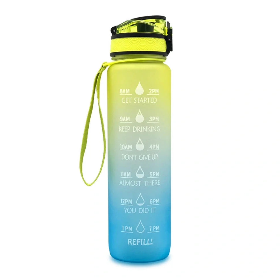 Tritan sports water bottle with frosted gradient finish and flip-top lid showing blue-red colour transition