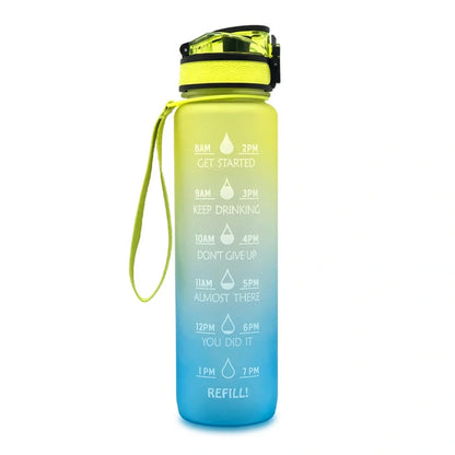 Tritan sports water bottle with frosted gradient finish and flip-top lid showing blue-red colour transition