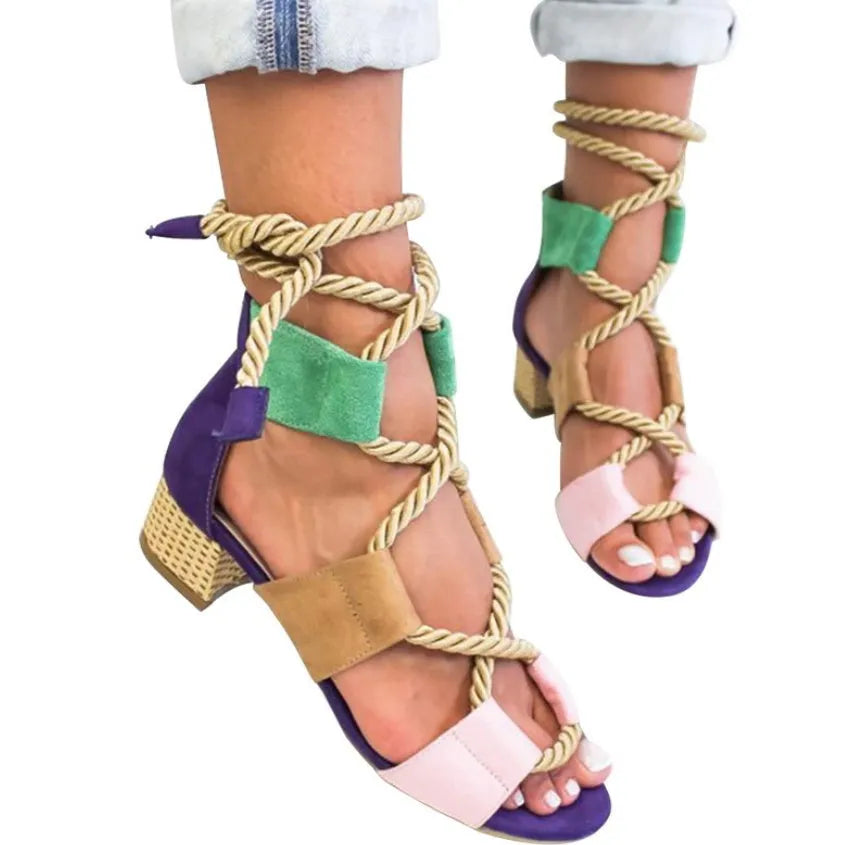 Women's beige suede sandals with thick 3-5cm heel, front strap, and ankle strap design