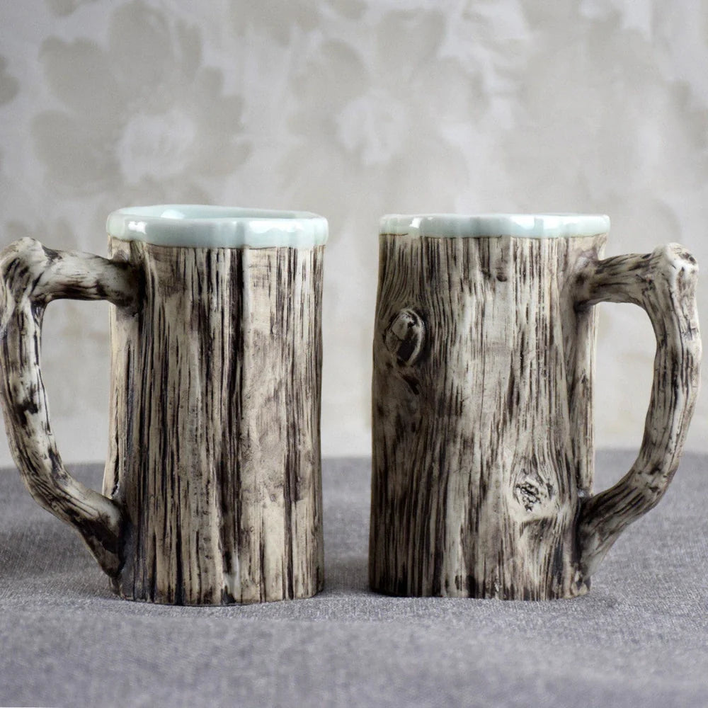 Irregular shaped bark-textured ceramic mug with 300ml capacity for hot drinks