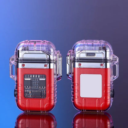 Transparent shell electronic lighter showing plasma arc with detachable pocket clip and paracord lanyard