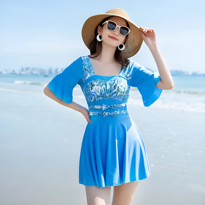 Women's seaside printed one-piece swimsuit in chemical fibre blend fabric available in green and blue colours