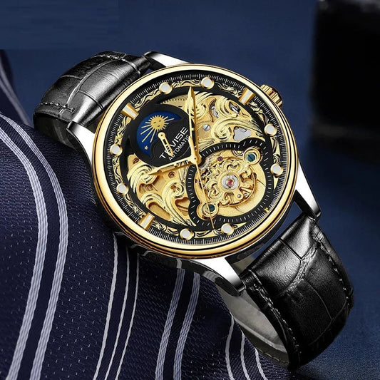 Men's automatic mechanical watch with leather strap showing 16mm thickness and business-style dial design