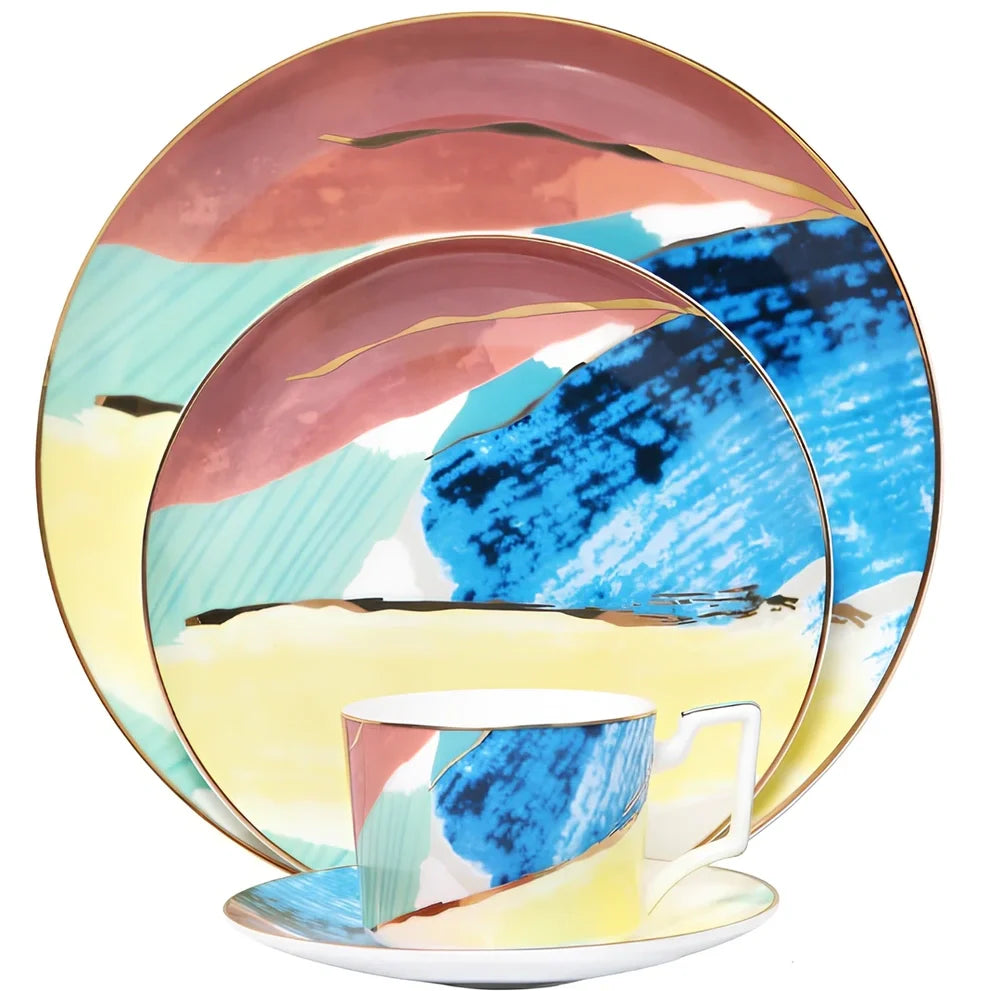 Watercolor dessert plates set in pink with 26.5 cm diameter, 45% bone china, real gold edges on handmade porcelain