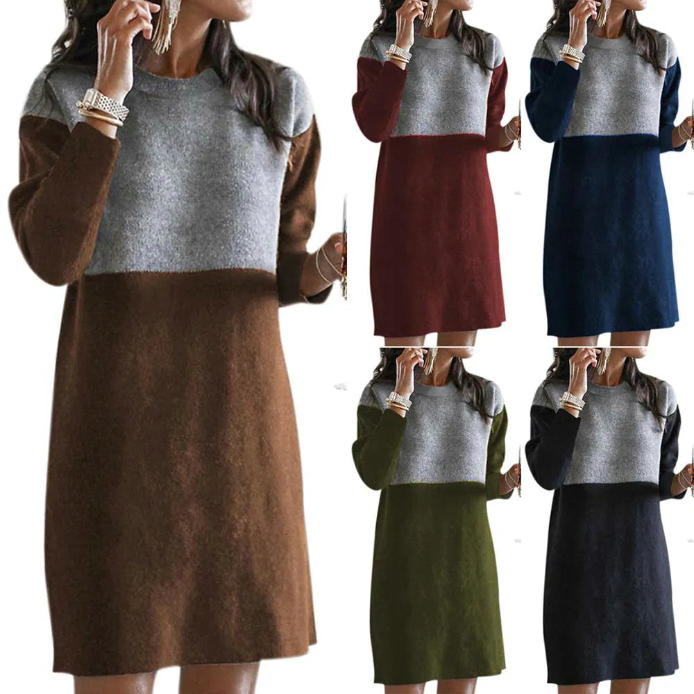 Brown women's sweater patchwork skirt with loose round neck and long sleeves, retro art design