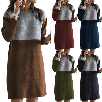 Brown women's sweater patchwork skirt with loose round neck and long sleeves, retro art design