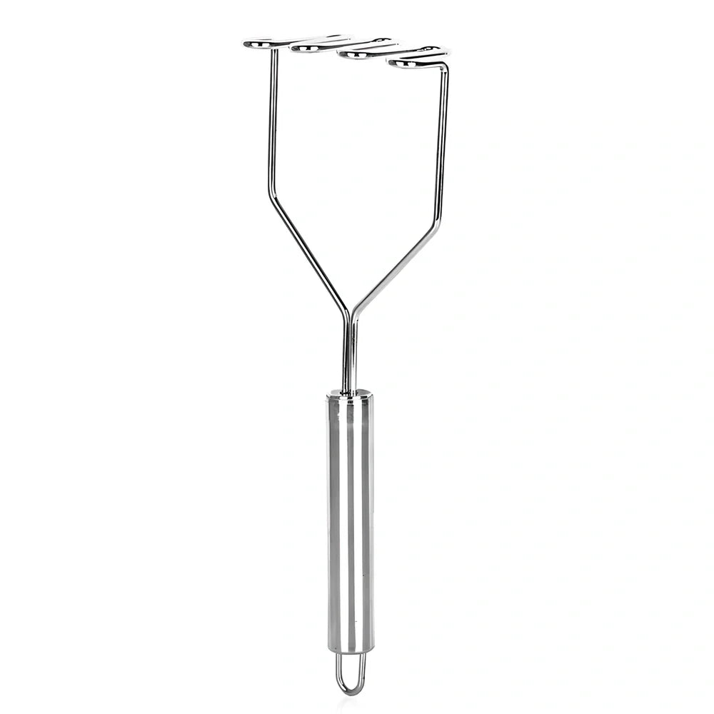 Stainless steel potato ricer masher, 25cm long with 9.5cm wide head, weighs 82g for efficient vegetable mashing