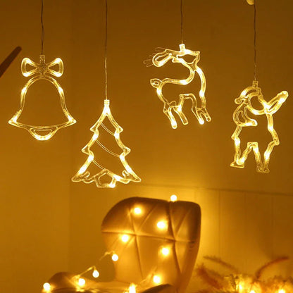Decorative battery-powered LED chandelier lights with holiday-themed designs like Santa, snowmen, and stars