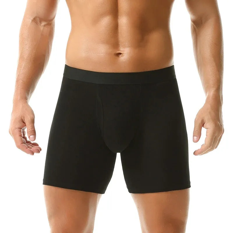 Men's cotton boxer briefs in solid colours, seamless antibacterial design, sizes M to 5XL, multi-pack options.