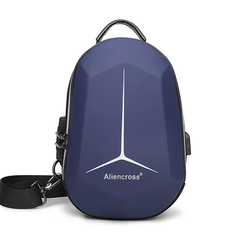 Waterproof Oxford cloth chest bag in black, shown with dimensions and capacity for iPad and travel essentials.