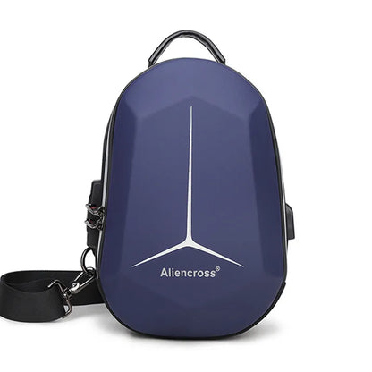 Waterproof Oxford cloth chest bag in black, shown with dimensions and capacity for iPad and travel essentials.