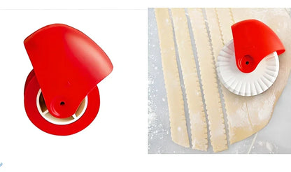 Red and white plastic pastry dough lattice cutter for pie decoration, measuring about 10*8cm