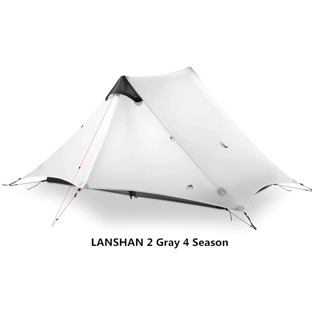 Single tip poleless tent with aluminium supports and camouflage design in outdoor setting