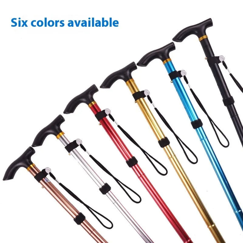 Aluminium alloy folding cane extended to 95 cm with non-slip rubber tip, showing adjustable height mechanism
