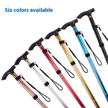 Aluminium alloy folding cane extended to 95 cm with non-slip rubber tip, showing adjustable height mechanism