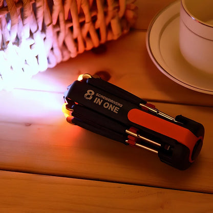 8-in-1 multifunctional screwdriver set with LED light showing seven different bit sizes