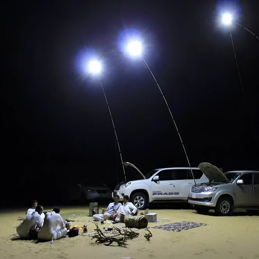 White LED fishing light on a tall telescopic pole, with a 12V battery clip cable and remote controller on grass.