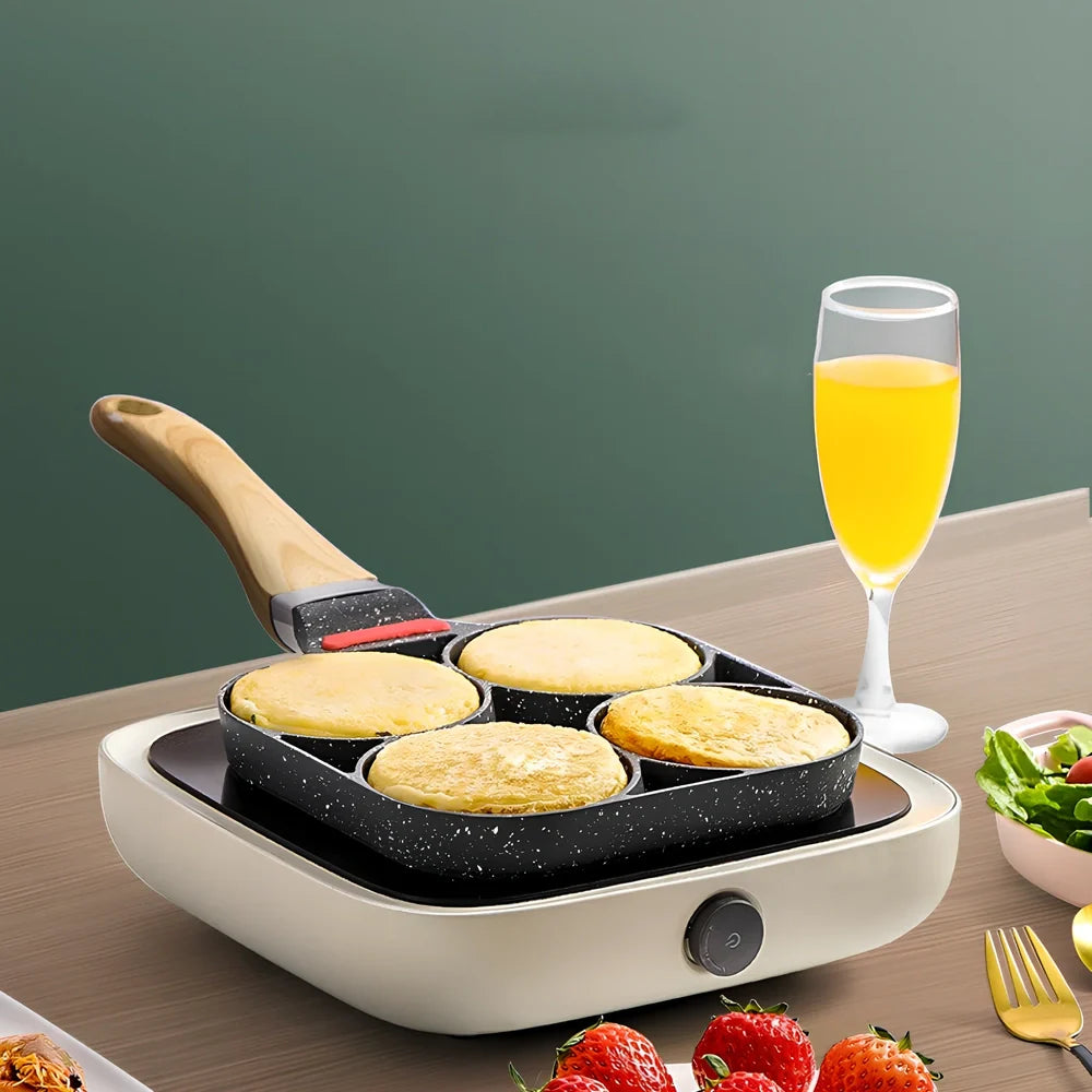 Four-hole non-stick fried egg pan, 24 cm diameter, aluminium with Whitford granite coating, 2 cm depth, silicone handle