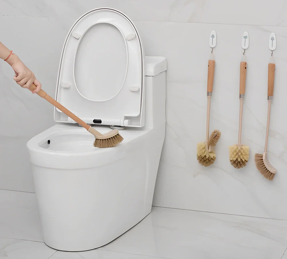 Wooden toilet brush with 360 degree bristles and natural beech handle for bathroom cleaning
