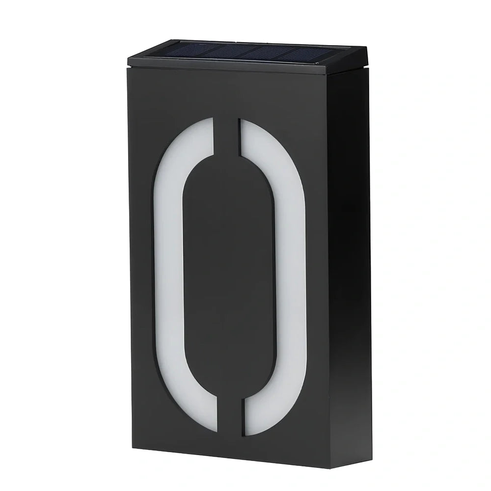 Solar powered house number with LED illumination showing waterproof construction and concealed mounting