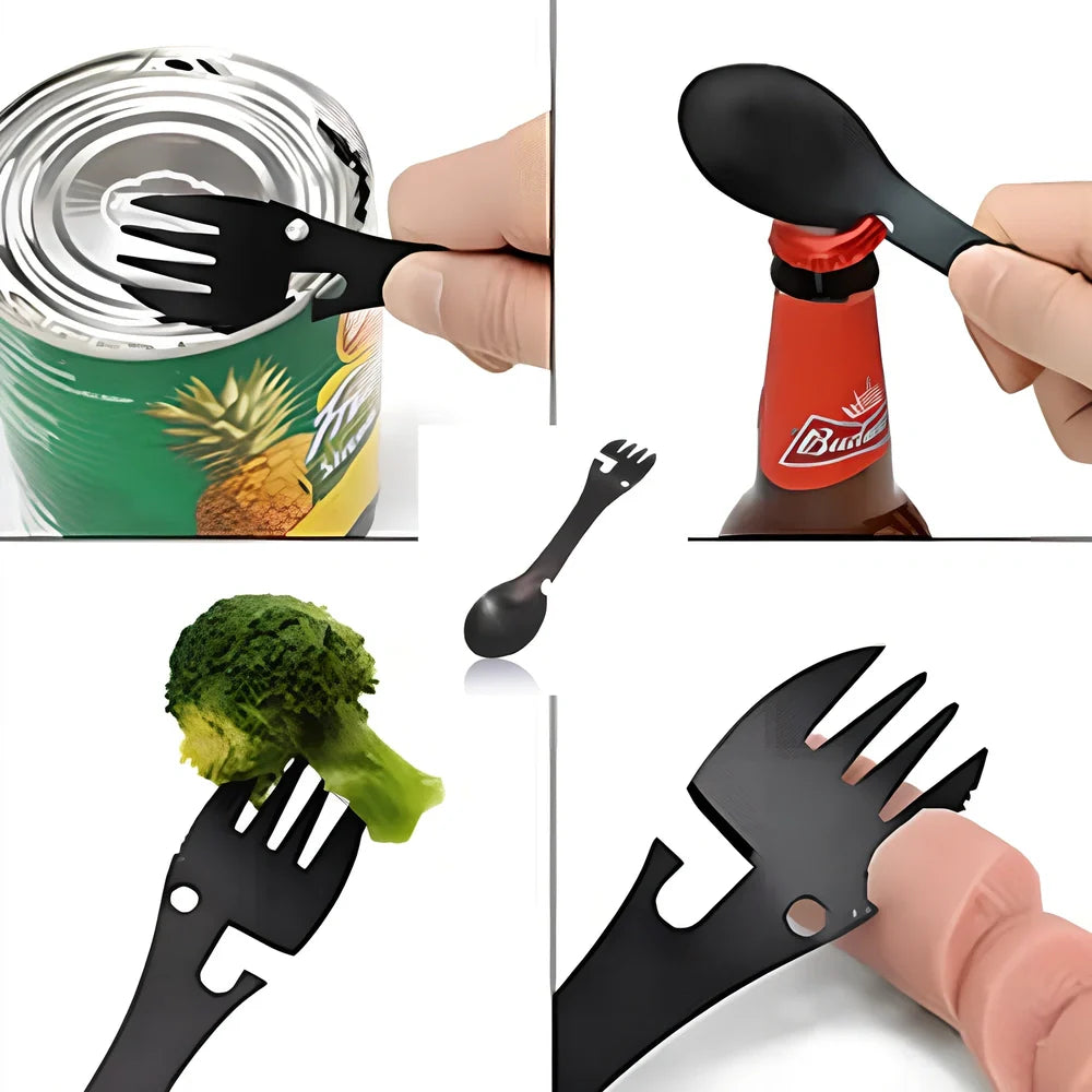 Silver stainless steel camping multitool with fork, spoon, serrated cutter, can opener, bottle opener, and keychain hole
