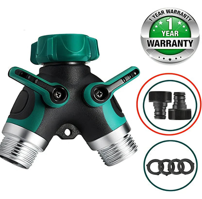 Green Y-type plastic fluid splitter with aluminium-plated copper inlet and zinc alloy outlets measuring 94x91x55mm