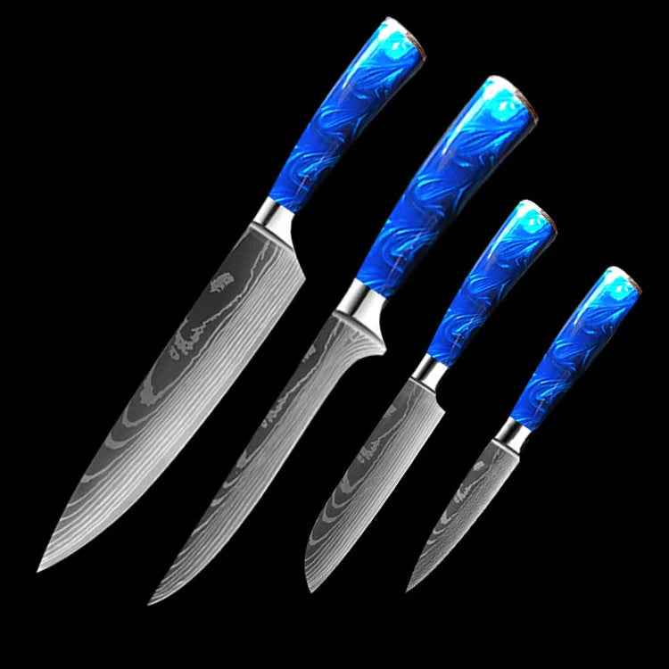 8-inch Chef Knife with vibrant blue resin handle, perfect for precision cutting in the kitchen.