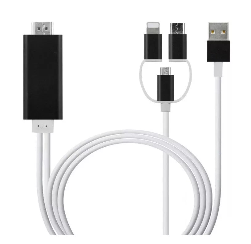 Type-C to HDMI Three-in-One Mobile Phone Projection Cable in black, white, and red
