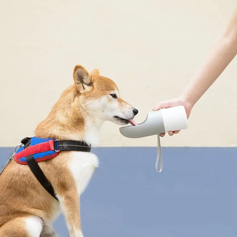 White and grey rocket-shaped pet water bottle with drinking outlet and lock button