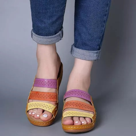 Large Size Women Hollow Out Rainbow Stitching Slippers in Blue, White, and Brown