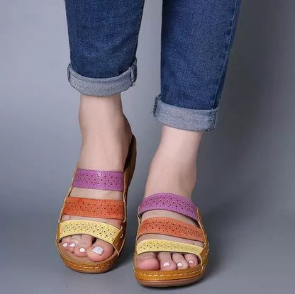 Large Size Women Hollow Out Rainbow Stitching Slippers in Blue, White, and Brown
