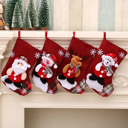 Multicolour Christmas hanging socks and gift bag with old man, snowman, deer, and bear designs