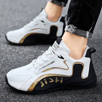 Stylish lace-up sneakers for men in colorblock design, with breathable mesh lining and lightweight, non-slip sole