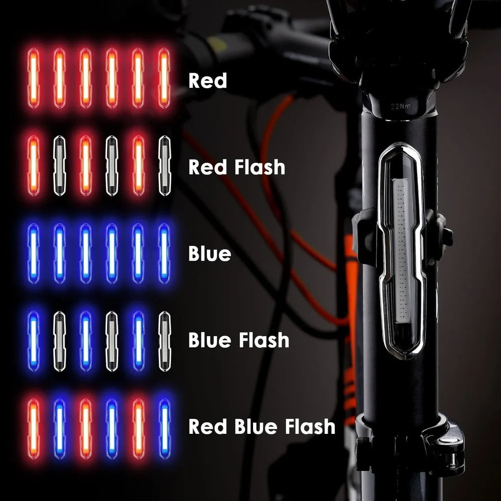 USB rechargeable red and blue mountain bike taillight with compact design and multiple lighting modes