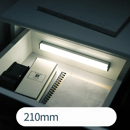 LED sensor light bar showing motion detection range and multiple size options from 9cm to 52cm