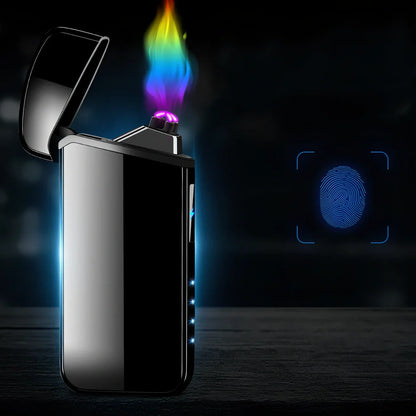 Zinc alloy charging lighter in black brushed finish, 80x35x13 mm with windproof arc and USB port