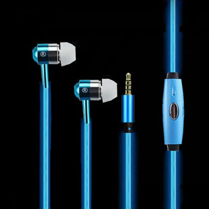 Blue Magic Light LED earphones with aluminium alloy shells and glowing EL lights, connected to a 3.5mm plug