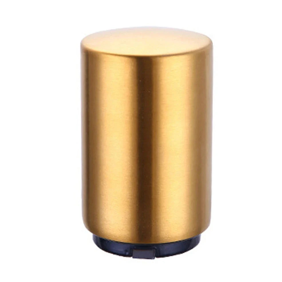 Stainless steel automatic press bottle opener with titanium-plated finish showing press mechanism and textured handle