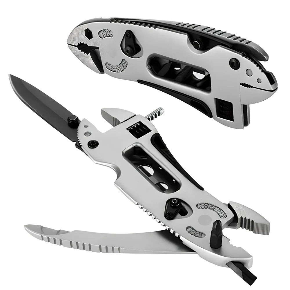 Multi-tool adjustable wrench in stainless steel, folded to 121.45 mm size