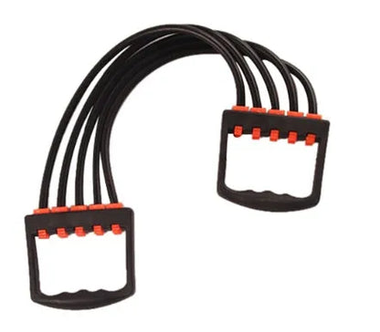 Rubber Rally chest dilator arm muscle trainer with spring resistance, shown in black, blue, green, red, and yellow.