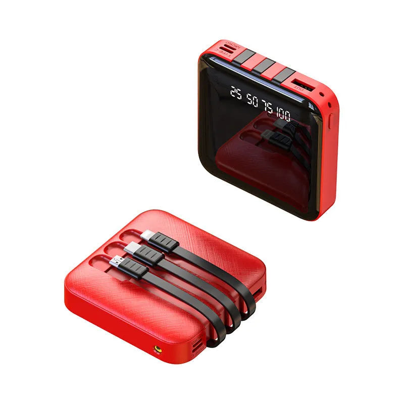 Mirror three-wire power bank with 20000mAh capacity measuring 80x80x23mm in black or red colour