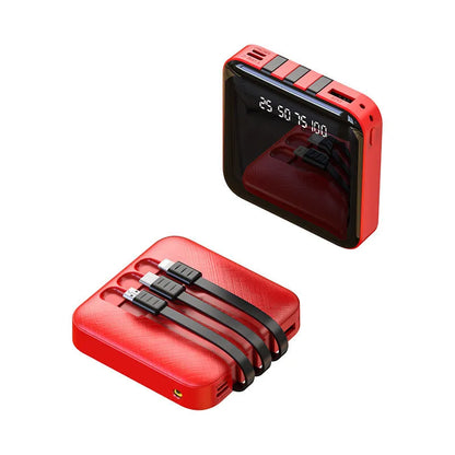 Mirror three-wire power bank with 20000mAh capacity measuring 80x80x23mm in black or red colour