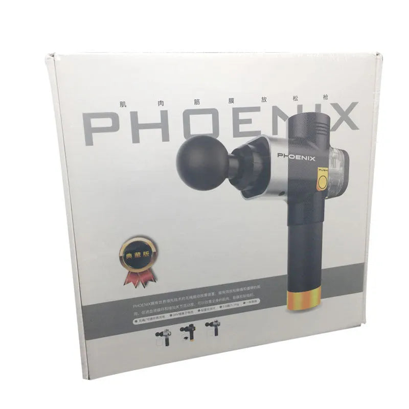 Black fascia massage gun with four interchangeable heads for deep tissue treatment measuring 29x28x28cm