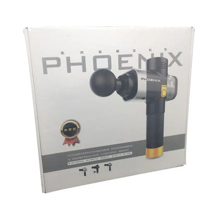 Black fascia massage gun with four interchangeable heads for deep tissue treatment measuring 29x28x28cm