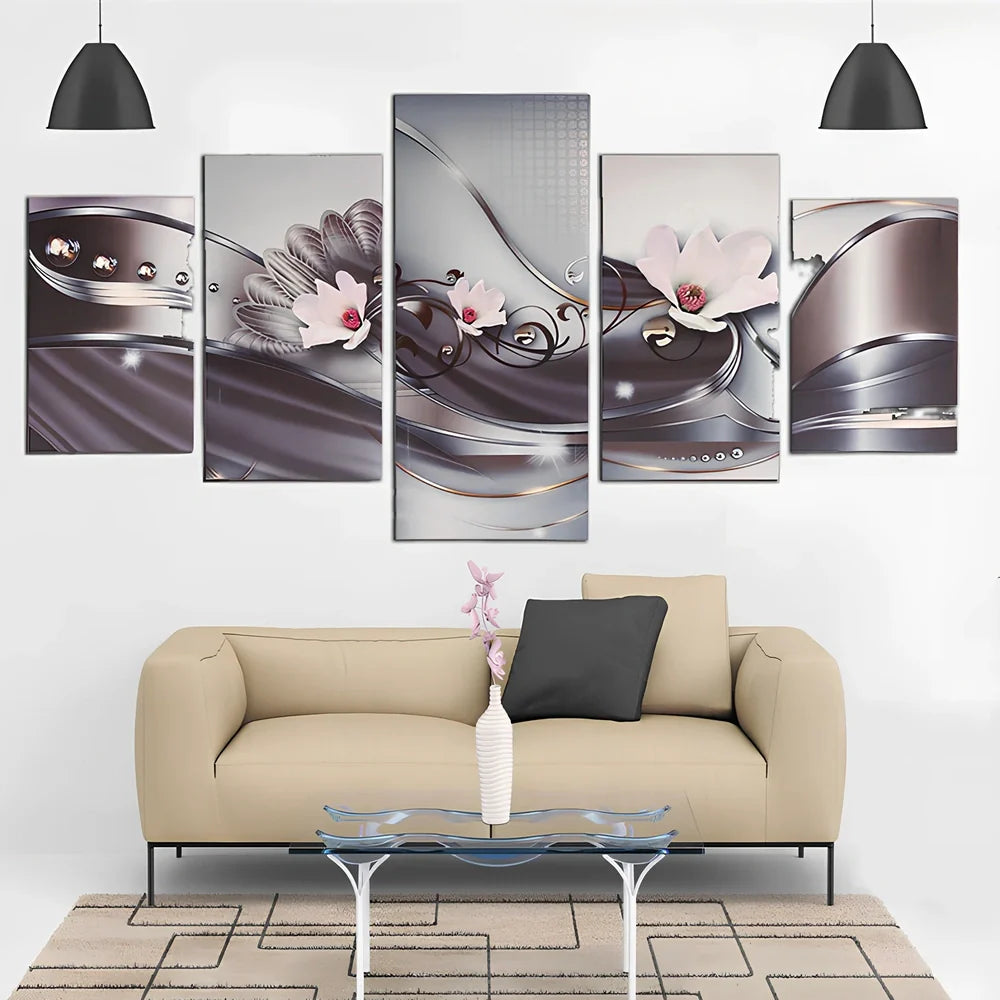 Diamond painting DIY kit showing five consecutive 70x35cm oil-on-canvas artworks with diamond application in progress