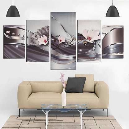 Diamond painting DIY kit showing five consecutive 70x35cm oil-on-canvas artworks with diamond application in progress