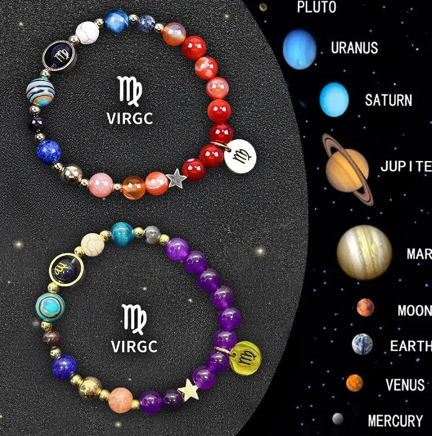 Adjustable natural stone zodiac bracelets showing 12 sign styles with 18-20cm cord
